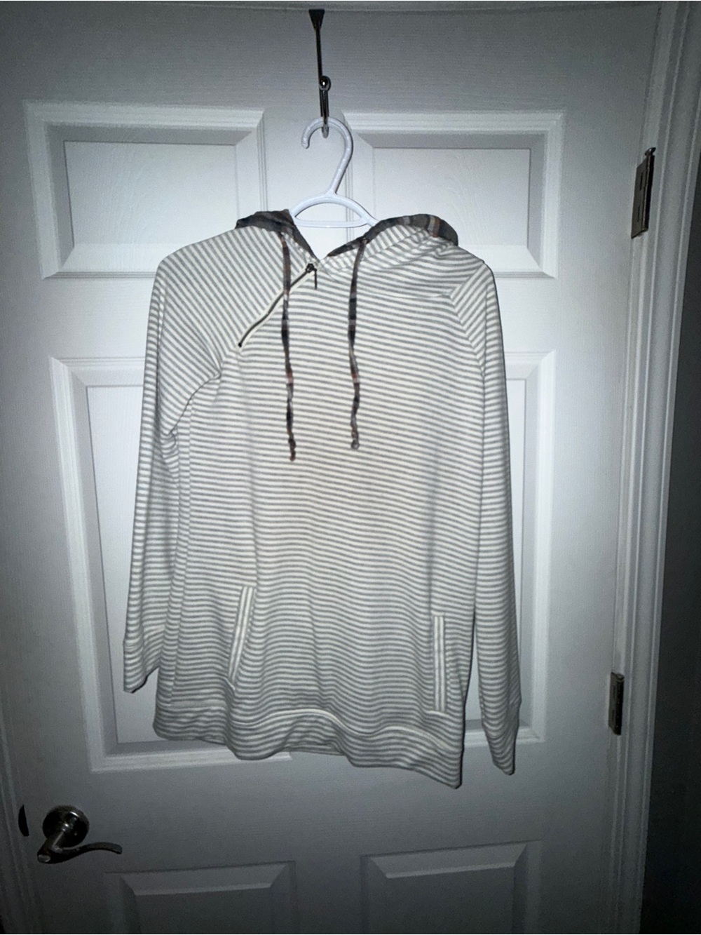Striped Hooded Crewneck Sweater — Cream & Gray